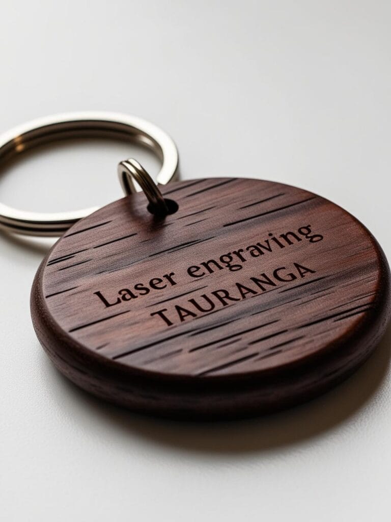 create an image of wooden keychain with laser engraved text. Write on the card Laser engraving Tauranga (2)