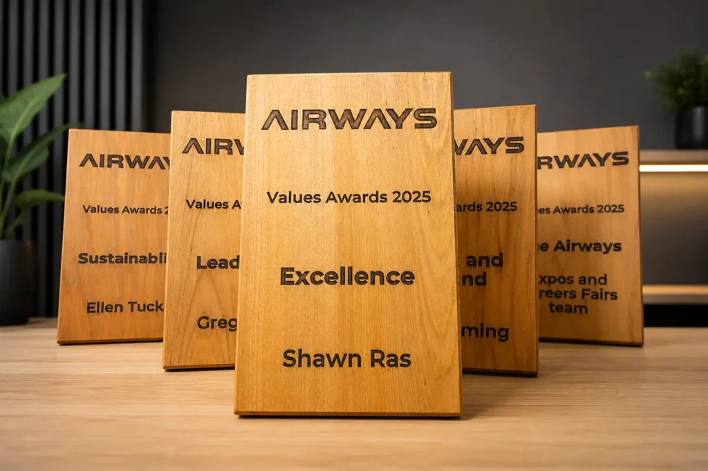Custom laser engraved reclaimed wood awards web