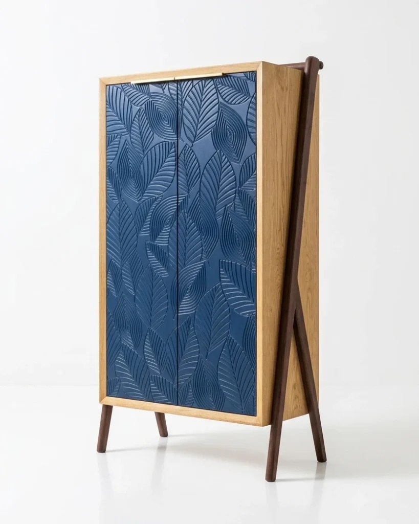 custom cnc cut wooden entry cabinet with oak and walnut web